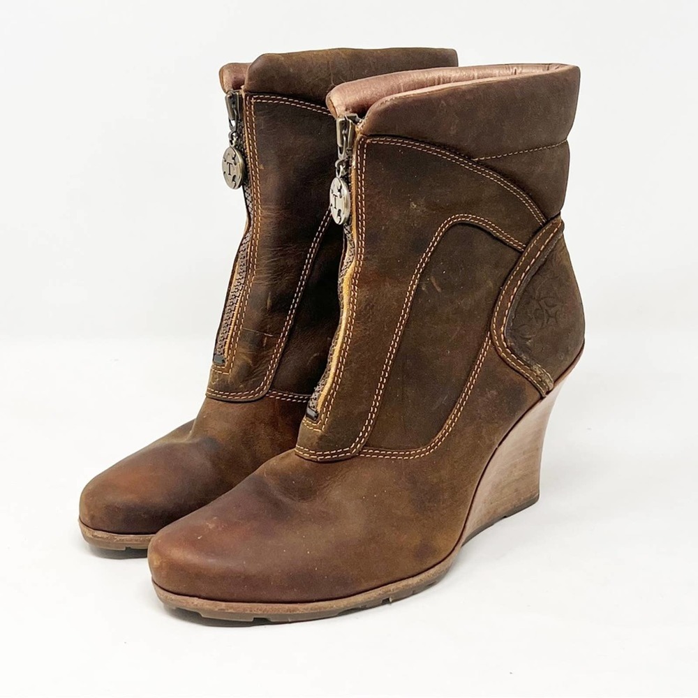 Timberland Vintage Brown Leather Wedge Ankle Boots Booties Womens 5.5 Distressed - Picture 3 of 9